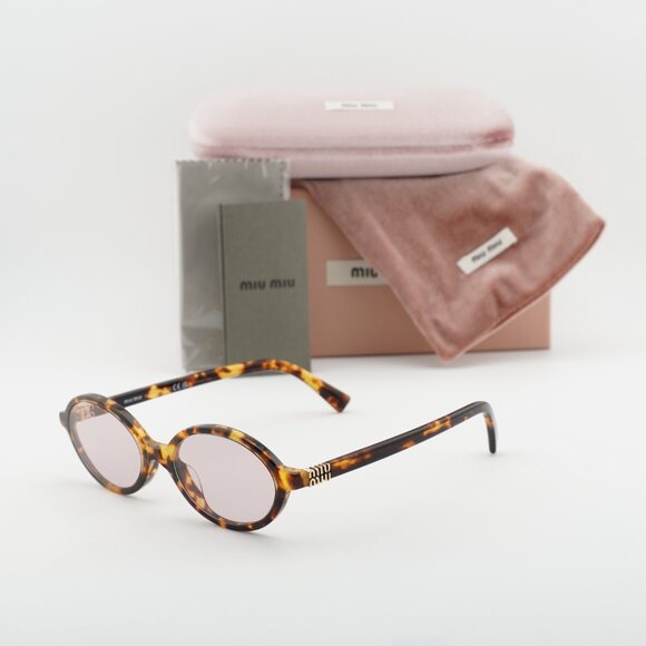 Miu Miu MU04ZS 14L4I0 Sunglasses Honey Havana Oval Frame, Pink Lenses